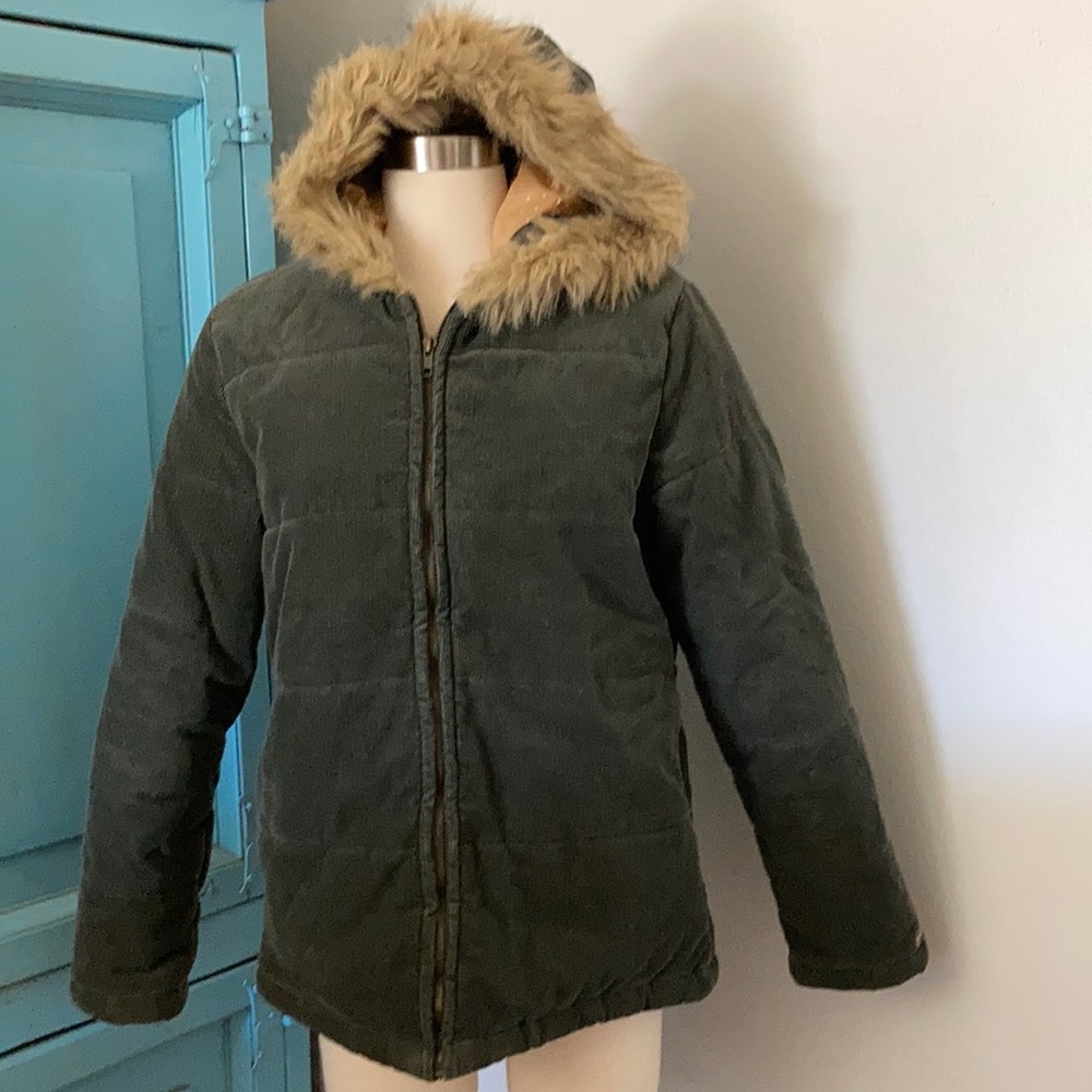 Roxy Fur Hooded Corduroy Lined Coat Jacket